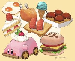 Rule 34 | artist name, burger, cake, cake slice, car-mouth cake, car mouth, character food, cheese, cherry, commentary request, egg (food), fish (food), food, food focus, fried egg, fruit, highres, ice cream, ice cream cone, icing, kirby, kirby (series), kirby and the forgotten land, kirby burger, kirby cafe, leo taranza, lettuce, mouthful mode, nigirizushi, nintendo, no humans, simple background, star (symbol), strawberry, strawberry shortcake, sushi, sushi geta, takoyaki, tomato, tomato slice, turkey (food), twitter username, two-tone background, whipped cream, white background, yellow background