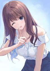 Rule 34 | 1girl, ;d, blue eyes, blue skirt, brown hair, dress shirt, finger to mouth, hair between eyes, highres, index finger raised, leaning forward, long hair, looking at viewer, off-shoulder shirt, off shoulder, one eye closed, open mouth, original, pasdar, shirt, shushing, skirt, smile, solo, straight hair, white shirt