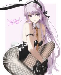 1girl animal_ears bare_shoulders black_footwear black_gloves black_ribbon braid breasts brown_necktie cleavage danganronpa:_trigger_happy_havoc danganronpa_(series) dated detached_collar fake_animal_ears fishnet_pantyhose fishnets gloves grey_background hair_ribbon happy_birthday highres kirigiri_kyoko leotard long_hair medium_breasts mikuroron necktie official_alternate_costume pantyhose playboy_bunny ribbon shiny_skin side_braid simple_background smile solo very_long_hair