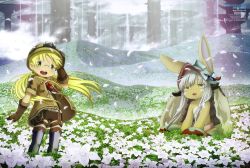 Rule 34 | 1girl, 1other, fake horns, furry, glasses, gloves, green eyes, helmet, horned helmet, horns, jacket, made in abyss, nanachi (made in abyss), newtype, official art, open clothes, open mouth, other focus, riko (made in abyss), white hair