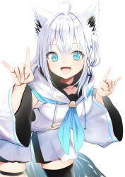 Rule 34 | 1girl, absurdres, aisu (icicleshot), animal ears, aqua eyes, detached sleeves, fox ears, highres, hololive, long hair, looking at viewer, open mouth, outdoors, shirakami fubuki, simple background, smile, solo, virtual youtuber, white background, white hair