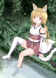 Rule 34 | 1girl, animal ears, bad id, bad pixiv id, barefoot, blonde hair, brown eyes, detached sleeves, feet, fox ears, fox tail, grass, ikeda yuuki, japanese clothes, low twintails, md5 mismatch, no shoes, original, river, sandals, shoes, unworn shoes, single thighhigh, sitting, soaking feet, solo, tail, thighhighs, tree, twintails, water, white thighhighs