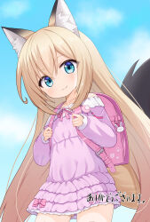 Rule 34 | 1girl, animal ear fluff, animal ears, backpack, bag, blonde hair, blue eyes, child, cloud, commission, crime prevention buzzer, dress, fox ears, fox girl, fox tail, frilled dress, frills, highres, long hair, long sleeves, looking at viewer, mogura2009, original, outdoors, pink dress, pink sleeves, randoseru, short dress, sidelocks, skeb commission, sky, smile, solo, tail, very long hair