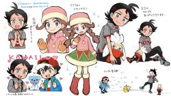 Rule 34 | 1girl, 2boys, :d, ash ketchum, black hair, black pants, blue eyes, blush, boots, brown hair, commentary request, copyright name, creatures (company), cubchoo, emma (pokemon: message from the aurora), eyelashes, game freak, gen 1 pokemon, gen 5 pokemon, gen 8 pokemon, gloves, goh (pokemon), green skirt, grey footwear, grey jacket, hand up, hat, heart, highres, jacket, jewelry, multiple boys, necklace, nintendo, open mouth, pants, pantyhose, pikachu, pink sweater, pokemon, pokemon: message from the aurora, pokemon (anime), pokemon (creature), pokemon journeys, pokesumomo, raboot, red socks, shoes, sitting, skirt, smile, snowball, snowball fight, snowflakes, socks, standing, sweater, translation request, twintails, white background, yellow pantyhose