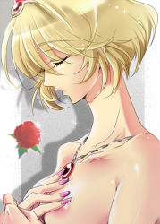 Rule 34 | 1girl, alexia lynn elesius, bad id, bad pixiv id, blonde hair, breasts, completely nude, closed eyes, fingernails, flower, hairband, jewelry, lipstick, makeup, merii, nail polish, necklace, nipples, nude, red flower, red rose, rose, short hair, solo, sparkle, wild arms, wild arms xf
