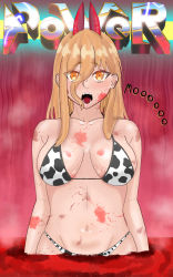 Rule 34 | animal print, bikini, blonde hair, blood, blood on face, blood splatter, breasts, chainsaw man, cow print, cow print bikini, demon girl, dirty, dirty face, eddarxart, english text, eyes visible through hair, fangs, hair between eyes, highres, horns, large breasts, looking at viewer, messy hair, midriff, navel, open mouth, pool of blood, power (chainsaw man), print bikini, red background, red horns, swimsuit, symbol-shaped pupils, symbol in eye