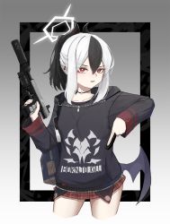 Rule 34 | 1girl, backpack, bag, bat wings, black hair, blue archive, choker, collarbone, commentary request, cowboy shot, ear piercing, gun, h&amp;k usp, handgun, highres, holding, holding gun, holding weapon, hood, hood down, hoodie, horns, jewelry, kasasasagi, kayoko (blue archive), laser sight, looking at viewer, low wings, magazine (weapon), miniskirt, multicolored hair, necklace, piercing, pistol, plaid, plaid skirt, ponytail, red eyes, reloading, skirt, solo, standing, suppressor, trigger discipline, two-tone hair, weapon, white hair, wings