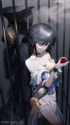 Rule 34 | 1boy, 1girl, apple, bare shoulders, bars, black choker, black hair, black headwear, black jacket, black pants, breasts, chain, choker, cigarette, cleavage, closed mouth, collarbone, commentary request, copyright notice, copyright request, cuffs, doll, dress, food, fruit, grey eyes, haizome senri, hat, highres, holding, holding food, holding fruit, hugging doll, hugging object, jacket, looking at viewer, medium breasts, off-shoulder dress, off shoulder, official art, pants, peaked cap, red apple, short hair, smile, smoke, smoking, watermark, white dress