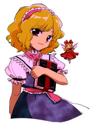 Rule 34 | 1girl, alice margatroid, ascot, blonde hair, blue dress, book, bow, closed mouth, commentary request, cropped legs, dress, fairy wings, frilled ascot, frilled hairband, frilled sash, frills, fujihana (mugenpixel), grimoire of alice, hair bow, hairband, holding, holding book, hourai doll, lolita hairband, mini person, minigirl, pink ascot, pink hairband, pink sash, puffy short sleeves, puffy sleeves, red dress, red eyes, sash, shirt, short hair, short sleeves, simple background, smile, solo, touhou, wavy hair, white shirt, wings, zun (style), | |