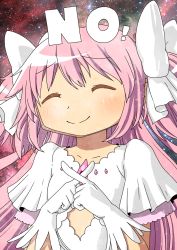 Rule 34 | 10s, 1girl, bow, closed eyes, crossed fingers, dress, english text, gloves, hair bow, highres, kaname madoka, long hair, mahou shoujo madoka magica, mahou shoujo madoka magica (anime), no, o den, official style, pink hair, rejection, short sleeves, smile, solo, space, spoilers, star (sky), two side up, ultimate madoka, upper body, white bow, white dress, white gloves, x fingers
