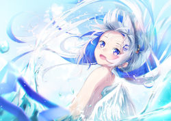 Rule 34 | 1girl, :d, absurdres, amane kanata, bad id, bad pixiv id, blue eyes, blurry, blurry foreground, blush, daidai (daidai826), day, floating hair, from side, hair ornament, highres, hololive, long hair, nude, open mouth, outdoors, partially submerged, smile, solo, upper body, very long hair, virtual youtuber, white hair, white wings, wings