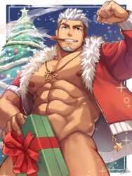 Rule 34 | 1boy, abs, bara, bare pectorals, border, bottomless, christmas tree, cigar, covering crotch, covering privates, cowboy shot, facial hair, flexing, from below, fur-trimmed jacket, fur trim, gift, goatee, grin, groin, highres, holding, holding gift, jacket, jewelry, large pectorals, looking at viewer, male focus, male pubic hair, multicolored hair, muscular, muscular male, naked jacket, nipples, original, pectorals, pendant, pubic hair, santa (zifu), signature, smile, smoking, snowing, solo, sparkle, star (symbol), streaked hair, thick eyebrows, undercut, white border, white hair, zifu