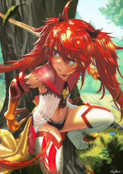 Rule 34 | 1girl, absurdres, arrow (projectile), bow (weapon), chyffon, closed mouth, commentary request, day, fate/grand order, fate (series), flat chest, flower, hair ornament, highres, light, long hair, looking to the side, navel, outdoors, quiver, red eyes, red hair, see-through, sita (fate), solo, sweat, thighhighs, thighs, tree, twintails, weapon, white thighhighs