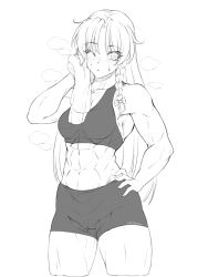 Rule 34 | 1girl, abs, bike shorts, blush, braid, cameltoe, closed mouth, collarbone, greyscale, hand on own hip, highres, hong meiling, long hair, looking at viewer, monochrome, muscular, muscular female, navel, one eye closed, ootsuki wataru, simple background, solo, sports bra, standing, sweat, touhou, towel