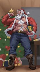 Rule 34 | 1boy, abs, alternate costume, bara, bare pectorals, belt, biceps, boots, christmas, facial hair, flexing, from below, gift, hat, highres, holding, holding gift, ilovefsushi, large pectorals, looking at viewer, male focus, mature male, muscular, muscular male, mustache, navel, nipples, old, old man, overwatch, overwatch 1, pants, pectorals, red hat, reinhardt (overwatch), santa costume, santa hat, scar, scar across eye, second-party source, short hair, smile, solo, thick chest hair, thick eyebrows, thick navel hair, white hair