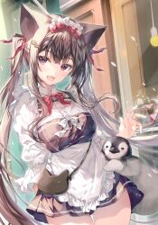 Rule 34 | 1girl, absurdres, animal, animal ears, apron, bag, bird, blush, breasts, brown eyes, brown hair, buttons, cat ears, cat girl, frilled apron, frills, hair ornament, hairclip, hand up, handbag, highres, long hair, long sleeves, looking at viewer, maid, maid headdress, medium breasts, miwabe sakura, mole, mole under eye, open mouth, original, penguin, ribbon, scan, skirt, smile, thighs, twintails, waist apron