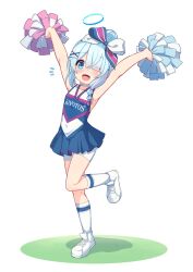 Rule 34 | 1girl, :d, arms up, arona (blue archive), blue archive, blue bow, blue dress, blue halo, blue skirt, blunt bangs, blush, bow, braid, braided sidelock, cheerleader, choker, commentary, covered navel, dress, eyes visible through hair, hair bow, hair bun, hair ornament, halo, highres, kneehighs, leg up, looking at viewer, luxuriou s, multicolored bow, notice lines, official alternate costume, one eye closed, open mouth, pink bow, pom pom (cheerleading), revision, shoes, shorts, shorts under skirt, single braid, skirt, sleeveless, sleeveless dress, smile, sneakers, socks, solo, standing, standing on one leg, white background, white choker, white footwear, white shorts, white sneakers, white socks, x hair ornament
