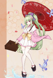 Rule 34 | 1girl, breasts, bug, butterfly, commentary request, green hair, holding, holding suitcase, holding umbrella, insect, japanese clothes, kimono, kinyoubi no nangong da, long hair, looking at viewer, murasame (senren), pink eyes, platform clogs, ponytail, senren banka, small breasts, smile, solo, suitcase, thighhighs, umbrella, white thighhighs, wide sleeves, yuzu-soft
