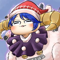 Rule 34 | 1girl, :3, profile picture, blue background, blue eyes, blush, capelet, chamaji, check commentary, commentary, commentary request, doreking, doremy sweet, hat, horizontal pupils, horns, lowres, open mouth, pom pom (clothes), santa hat, sheep, sheep horns, short hair, signature, simple background, solo, touhou, upper body