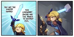 Rule 34 | 1boy, :d, absurdres, black cape, blonde hair, blue shirt, brown pants, cape, comic, english text, hair between eyes, highres, holding, holding sword, holding weapon, hood, hood down, hooded cape, link, master sword, mining, nintendo, open mouth, pants, pikat, pointy ears, ponytail, shirt, short sleeves, smile, sword, the legend of zelda, the legend of zelda: tears of the kingdom, weapon