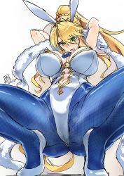Rule 34 | 1girl, ahoge, animal ears, armpits, arms behind head, arms up, artoria pendragon (all), artoria pendragon (fate), artoria pendragon (swimsuit ruler) (fate), ass, bare shoulders, blonde hair, blue necktie, blue pantyhose, blush, braid, breasts, cameltoe, clothing cutout, detached collar, fake animal ears, fate/grand order, fate (series), feather boa, fishnet pantyhose, fishnets, french braid, green eyes, hair between eyes, highleg, highleg leotard, large breasts, leotard, long hair, looking at viewer, navel, navel cutout, necktie, open mouth, pantyhose, playboy bunny, ponytail, rabbit ears, sidelocks, solo, squatting, swept bangs, thighs, tiara, tooya daisuke, white leotard, wrist cuffs