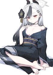 Rule 34 | 1girl, arm support, barefoot, black kimono, blue archive, blush, breasts, choker, collarbone, commentary, demon horns, ear piercing, feet, flower, full body, grey hair, hair between eyes, hair flower, hair ornament, hairclip, halo, hand up, highres, horns, japanese clothes, kayoko (blue archive), kayoko (new year) (blue archive), kimono, long hair, looking at viewer, multicolored hair, nemo (leafnight), obi, off shoulder, parted bangs, piercing, print kimono, red eyes, sash, shadow, signature, simple background, sitting, small breasts, solo, streaked hair, toes, white background, white hair, yokozuwari