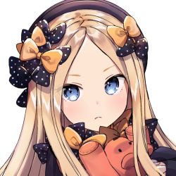 Rule 34 | 1girl, abigail williams (fate), bad id, bad twitter id, black bow, black hat, blue eyes, bow, fate/grand order, fate (series), frown, hair bow, hat, holding, holding stuffed toy, looking at viewer, multiple hair bows, orange bow, parted bangs, polka dot, polka dot bow, portrait, simple background, solo, ssumbi, stuffed animal, stuffed toy, white background