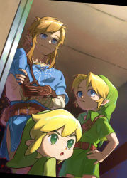 Rule 34 | 3boys, blonde hair, blue eyes, blue tunic, child, crossed arms, eunjuragi, green eyes, hand on own hip, highres, link, looking at viewer, male focus, multiple boys, nintendo, orange hair, pointy ears, super smash bros., the legend of zelda, the legend of zelda: a link between worlds, the legend of zelda: breath of the wild, the legend of zelda: ocarina of time, toon link, young link