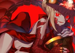 Rule 34 | 1girl, absurdres, bare shoulders, blonde hair, bow, braid, crown, dragon tail, dress, facial mark, fate/grand order, fate (series), gloves, glowing, glowing eyes, hair bun, highres, holy grail (fate), looking at viewer, navel, nekokitsune4242, nero claudius (fate), nero claudius (fate) (all), panties, parted lips, queen draco (fate), queen draco (first ascension) (fate), red bow, red dress, red eyes, red panties, scales, simple background, single glove, smile, solo, tail, underwear, white gloves