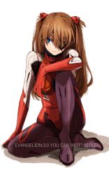 Rule 34 | 1girl, arm on knee, blue eyes, blurry, bodysuit, breasts, brown hair, closed mouth, commentary, copyright name, depth of field, evangelion: 3.0 you can (not) redo, expressionless, eyepatch, facing viewer, full body, hair between eyes, headpiece, highres, hoshi san 3, knee up, long hair, looking to the side, medium breasts, neon genesis evangelion, plugsuit, rebuild of evangelion, red bodysuit, shadow, simple background, sitting, skin tight, solo, souryuu asuka langley, two side up, white background