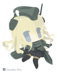 Rule 34 | 10s, 1girl, bad id, bad pixiv id, black pantyhose, blonde hair, blue eyes, chameleon man (three), chibi, cropped jacket, dress, flat color, garrison cap, gloves, hat, kantai collection, long hair, long sleeves, military, military uniform, no lineart, pantyhose, puffy sleeves, simple background, solo, swimsuit, u-511 (kancolle), uniform, white background