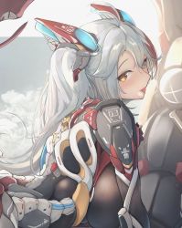 Rule 34 | 1girl, absurdres, alternate costume, antenna hair, arm guards, armor, azur lane, black bodysuit, bodysuit, breasts, close-up, cloud, commentary request, food, from behind, headgear, highres, holding, holding food, ice cream, large breasts, licking, long hair, looking at viewer, looking back, mecha, multicolored hair, prinz eugen (azur lane), red hair, robot, silver hair, solo, streaked hair, tongue, tongue out, two side up, very long hair, yusha m