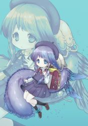 Rule 34 | 1girl, anklet, backpack, bag, blue background, blue eyes, blue hair, bubble, child, closed mouth, fins, hair ornament, hat, highres, jewelry, charm (object), looking at viewer, ningyo hime (sinoalice), racal ra, randoseru, ribbon, sad, school uniform, side ponytail, sidelocks, sinoalice, skirt, solo, water, zoom layer