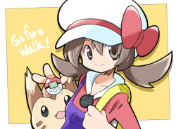 Rule 34 | 1girl, bow, cabbie hat, closed mouth, collarbone, creatures (company), drop shadow, furret, game freak, gen 2 pokemon, hair between eyes, hat, hat bow, long hair, looking at viewer, lyra (pokemon), nintendo, pokemon, pokemon (creature), pokemon hgss, pokewalker, rascal (feuille), red bow, smile, solo, split mouth, twintails, white hat