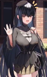 Rule 34 | 1girl, absurdres, ami no fuda, bag, belt, beret, black bag, black belt, black hat, black jacket, blue hair, breasts, brown eyes, brown skirt, chain, chest belt, frilled shirt, frills, handbag, hat, highres, jacket, jewelry, large breasts, long hair, long sleeves, looking at viewer, miniskirt, nijisanji, open mouth, outdoors, plaid, plaid skirt, pleated skirt, ring, shirt, skirt, smile, solo, standing, turtleneck, very long hair, virtual youtuber, waving, white shirt, wide sleeves, yamagami karuta, yamagami karuta (3rd costume)
