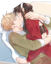 Rule 34 | 1boy, 1girl, asterrales, black hair, blonde hair, blush, closed eyes, clothing cutout, collared shirt, commentary, couch, dress, ear blush, earrings, green sweater, hairband, highres, husband and wife, jewelry, kiss, long hair, long sleeves, off-shoulder dress, off-shoulder sweater, off shoulder, pillow, red sweater, shirt, sidelocks, spy x family, sweater, sweater dress, twilight (spy x family), white shirt, wing collar, yor briar