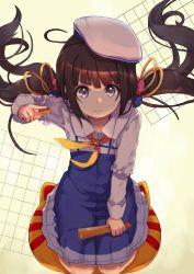 Rule 34 | 10s, 1girl, ahoge, beret, blue dress, board game, brown hair, cat-shaped pillow, closed mouth, commentary request, dress, floating hair, folded fan, folding fan, hand fan, hat, highres, hinatsuru ai, holding, holding fan, layered sleeves, long hair, long sleeves, low twintails, mugcup, pillow, puffy short sleeves, puffy sleeves, ryuuou no oshigoto!, school uniform, seiza, shogi, short over long sleeves, short sleeves, sitting, solo, twintails, v-shaped eyebrows, very long hair, white hat