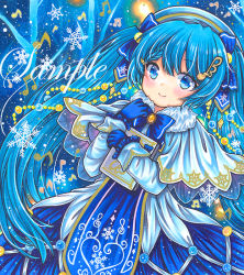 Rule 34 | 1girl, beamed eighth notes, beret, blue background, blue bow, blue bowtie, blue eyes, blue gloves, blue hair, blue theme, bow, bowtie, brooch, capelet, closed mouth, dress, eighth note, fortissimo, frilled sleeves, frills, fur-trimmed capelet, fur trim, gloves, hair ornament, hat, hatsune miku, heart, jewelry, long hair, long sleeves, looking at viewer, marker (medium), musical note, musical note hair ornament, orange brooch, rui (sugar3), sample watermark, smile, snowflakes, solo, string of light bulbs, traditional media, treble clef, very long hair, vocaloid, watermark, white capelet, white dress, yuki miku, yuki miku (2021)
