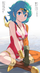 Rule 34 | 1girl, blue eyes, breasts, cleavage, collarbone, covered erect nipples, curly hair, dragon quest, dragon quest iv, full body, gloves, green hair, heroine (dq4), imaichi, large breasts, leotard, looking at viewer, one-piece swimsuit, red one-piece swimsuit, short hair, single glove, single thighhigh, solo, swimsuit, sword, thighhighs, translation request, weapon, weapon on back