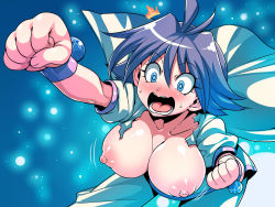 Rule 34 | 1girl, amelia wil tesla seyruun, antenna hair, arm up, blue eyes, blush, bouncing breasts, breasts, cape, choker, embarrassed, fighting stance, gradient background, highres, large breasts, leaning forward, legs, light blush, looking at viewer, motion lines, nipples, no bra, open mouth, puffy nipples, purple hair, short hair, simple background, slayers, solo, thighs, torn clothes, tukiwani, wavy mouth