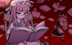 Rule 34 | 2girls, bespectacled, black dress, black footwear, black headwear, blonde hair, blue ribbon, book, book stack, bow, capelet, chair, commentary request, dress, glasses, hair ribbon, hat, hat bow, holding, holding book, kirisame marisa, long hair, meimaru inuchiyo, mob cap, multiple girls, patchouli knowledge, pink dress, purple hair, reading, red background, red ribbon, ribbon, shirt, shoes, short sleeves, sitting, theft, touhou, white shirt, witch hat