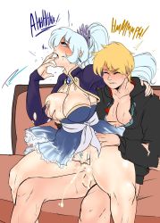 Rule 34 | 1boy, 1girl, blonde hair, blue eyes, blush, grabbing another&#039;s breast, breasts, cum, cum in pussy, cum inflation, dress, closed eyes, fakeryway, grabbing, hetero, highres, inflation, jaune arc, large breasts, long hair, nipples, orgasm, penis, ponytail, pussy, reverse cowgirl position, rwby, sex, sex from behind, short hair, sitting, straddling, sweat, testicles, thighs, uncensored, vaginal, weiss schnee, white hair