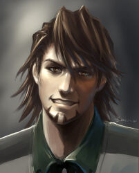 Rule 34 | 1boy, brown eyes, brown hair, collared shirt, commentary request, dated, facial hair, greenteaa, grey background, grin, hair between eyes, looking at viewer, male focus, medium hair, portrait, shirt, signature, smile, solo, teeth, tiger &amp; bunny, wild tiger