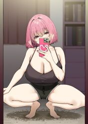 Rule 34 | 1girl, akane (sky-freedom), bare arms, bare shoulders, barefoot, black shirt, breasts, cellphone, cleavage, collarbone, feet, full body, highres, holding, holding phone, joshi kousei rich thots, large breasts, looking at viewer, phone, pink eyes, pink hair, shirt, sky-freedom, sleeveless, smartphone, solo, squatting, thighs, toes