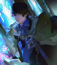 Rule 34 | 1boy, armor, aymeric de borel, black gloves, black hair, blue eyes, blurry, book, chromatic aberration, closed mouth, earrings, elezen, elf, expressionless, film grain, final fantasy, final fantasy xiv, gloves, holding, holding book, jewelry, male focus, murmurr14, pointy ears, short hair, shoulder armor, solo, stained glass