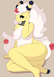 Rule 34 | 1girl, ampharos, arm support, ass, beige background, breasts, creatures (company), female focus, full body, furry, furry female, game freak, gen 2 pokemon, green eyes, hair ornament, hand up, highres, horns, large breasts, long hair, looking to the side, mega ampharos, mega pokemon, navel, nintendo, nipples, nude, personification, pinkcappachino, pokemon, pokemon (creature), pokemon gsc, simple background, sitting, smile, solo, white hair