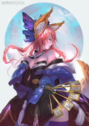 Rule 34 | 1girl, animal ears, bare shoulders, bow, cglas, detached collar, hand fan, fate/grand order, fate (series), hair bow, hand on own chest, highres, looking to the side, pink hair, realistic, solo, tail, tamamo no mae (fate/extra), wind, yellow eyes