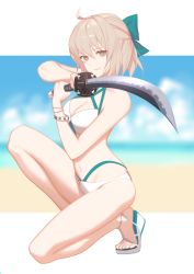 Rule 34 | 1girl, ahoge, bare arms, bare shoulders, beach, bikini, blue bow, blurry, blurry background, bow, bracelet, breasts, brown eyes, brown hair, cleavage, closed mouth, day, depth of field, fate/grand order, fate (series), full body, hair bow, highres, holding, holding sword, holding weapon, jewelry, katana, knee up, looking at viewer, medium breasts, okita j. souji (third ascension) (fate), okita souji (fate), okita souji (koha-ace), on one knee, outdoors, outside border, pisu, sandals, short hair, smile, solo, swimsuit, sword, weapon, white bikini, white footwear