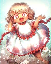 Rule 34 | 1girl, :d, barefoot, bright pupils, commentary request, ebisu eika, frilled shirt, frilled skirt, frilled sleeves, frills, long earlobes, low twintails, open mouth, running towards viewer, shirt, short sleeves, skirt, skirt set, smile, solo, sparkle, touhou, twintails, white hair, white pupils, white shirt, white skirt, yellow eyes, yukkyon kyon