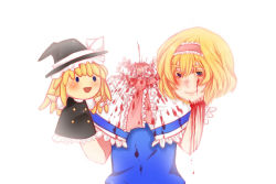 Rule 34 | 1girl, alice margatroid, blonde hair, blood, blue eyes, blue hair, bow, capelet, colored eyelashes, decapitation, disembodied head, eyebrows, eyelashes, female focus, frills, guro, hairband, hand puppet, hat, hatena (00no79562), kirisame marisa, lips, long hair, matching hair/eyes, open mouth, puppet, severed head, short hair, simple background, smile, solo, touhou, witch, witch hat
